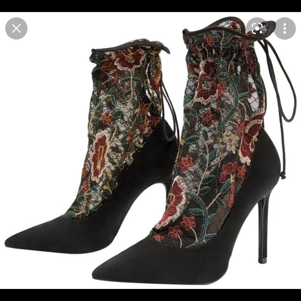 ZARA black floral embroidered sock high heel!